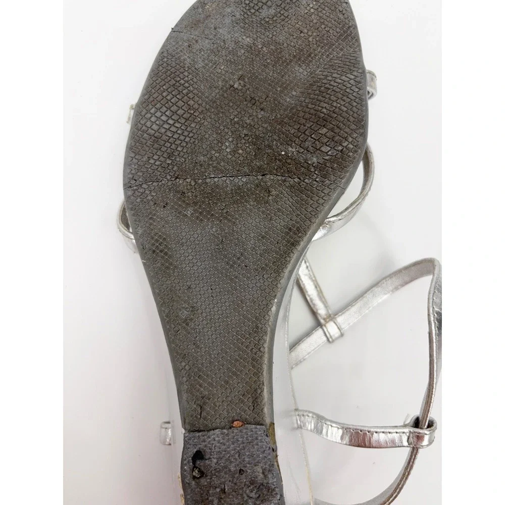 B5 Prada Metallic Leather Wedge Sandals 9.5 Silver T-Strap Medallion Strappy - Picture 8 of 14